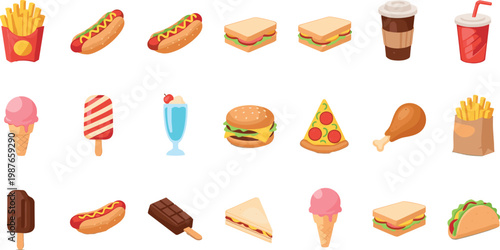 Fast Food and Snacks Icon Set Featuring Burgers, Pizza, Fries, Ice Cream, and Beverages for Food, Restaurant, and Culinary DesignsFast Food and Snacks Icon Set Featuring Burgers, Pizza, Fries, Ice Cr