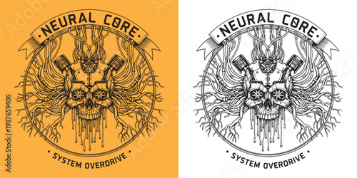 Cybernetic Skull with Mechanical Piston and Neural Cables Illustration