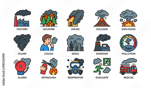 Natural disasters and pollution icons: wildfires, volcanoes, smog, and emergency responses