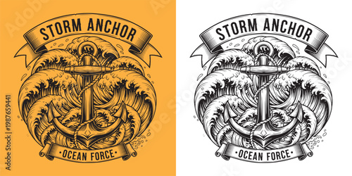 Nautical Anchor in Stormy Ocean Waves with Ribbon Banner