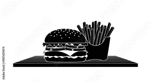 Hamburger and French Fries Black Silhouette Vector