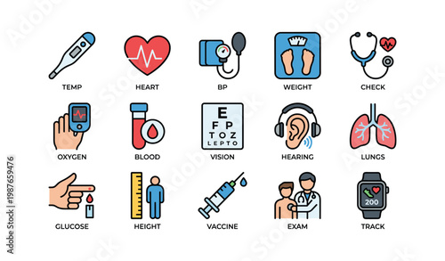 Medical icons: health checkup tools and measurements