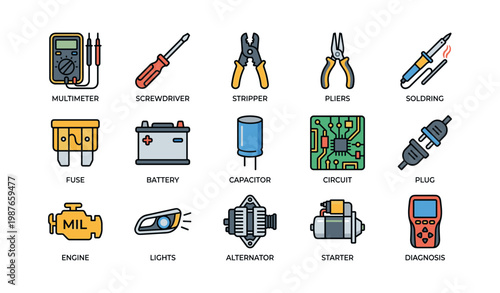 Assorted automotive tools illustration featuring multimeter battery and circuit