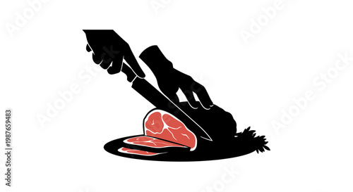 Chef hands slicing raw steak with a knife vector illustration