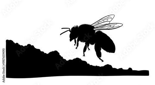 Black bee silhouette flying above textured terrain vector illustration