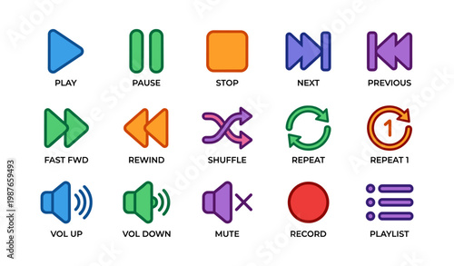 Colorful media control icons featuring play, pause, stop, next, and more