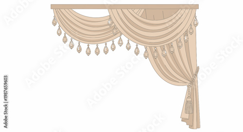 Elegant Beige Luxury Curtains with Crystal Accents Vector Illustration
