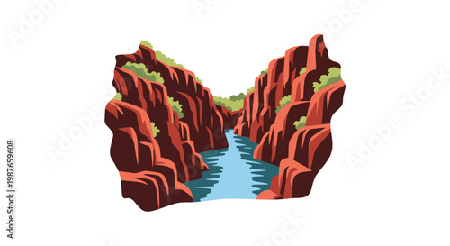 Vector illustration of a scenic canyon with red cliffs and a river