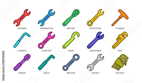 Colorful assorted wrenches and tools on white background