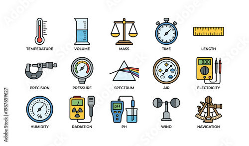 Scientific measurement icons: thermometer beaker scale stopwatch ruler compass spectrum anemometer