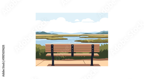 Park bench with scenic view of wetland and mountains vector