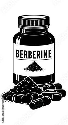 Berberine Supplement Bottle with Capsules and Powder Vector Illustration