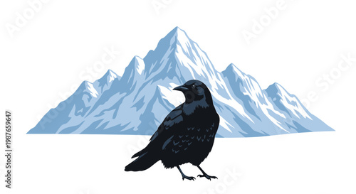 Black Raven Standing in Front of Blue Snowy Mountains Illustration
