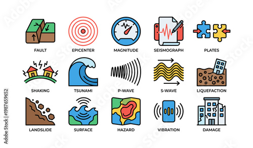 Illustrated icons depicting earthquake concepts with seismograph and tsunami symbols