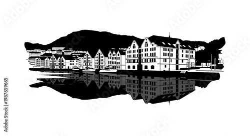 Alesund Norway Coastal City Harbor Reflection Vector Illustration