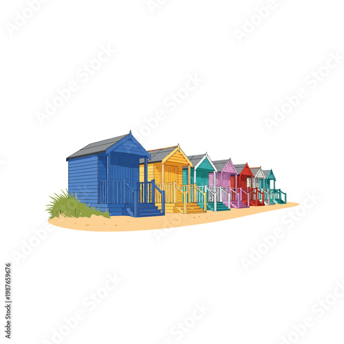 Vibrant row of colorful wooden beach huts on sandy shore vector