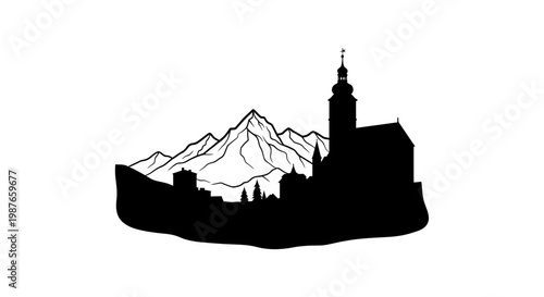 Mountain Village Silhouette with Historic Church and Alps Peaks