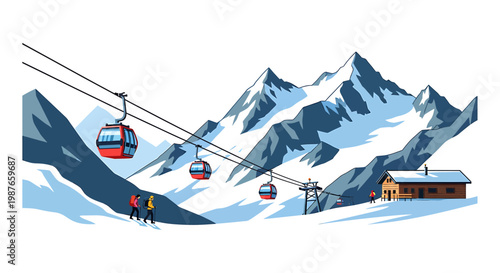 Vector illustration of winter mountain ski resort with cable cars