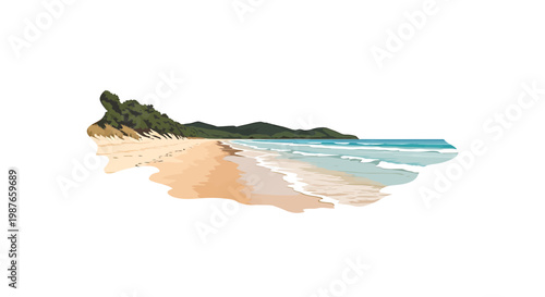 Vector Illustration of a Tropical Sandy Beach with Ocean Waves