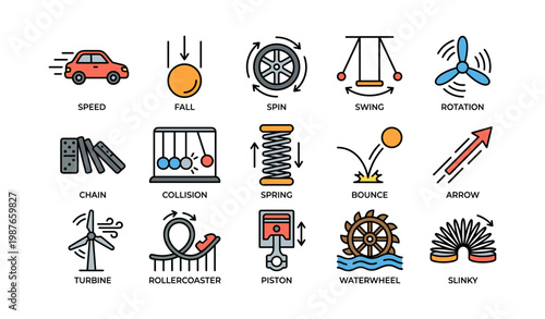 Set of kinetic motion and physics icons with various mechanics illustrations