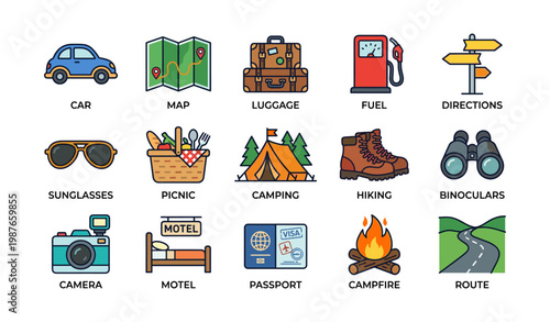 Travel adventure icons featuring camping, hiking, and navigation elements