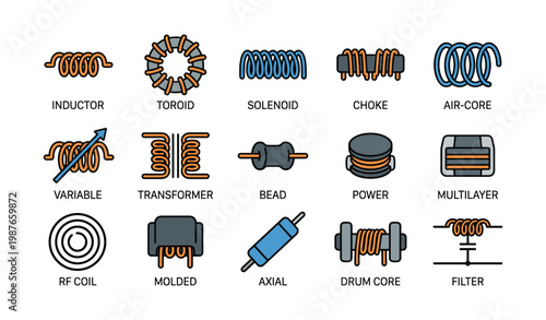 Various electronic components: inductor, toroid, solenoid, choke, filter, transformer, bead, coil, axial, drum core