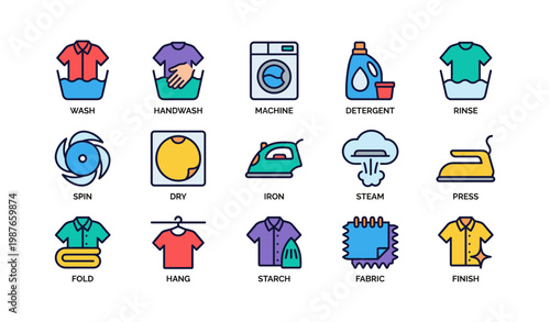 Laundry icons set featuring washing, drying, ironing, and folding symbols