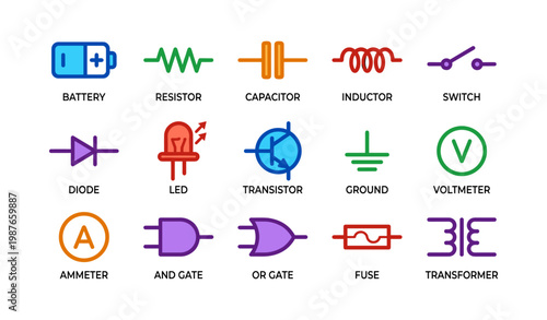 Electronic circuit symbols: battery, resistor, capacitor, inductor, switch, diode, led