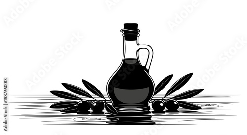 Olive Oil Bottle with Olive Branches Vector Illustration