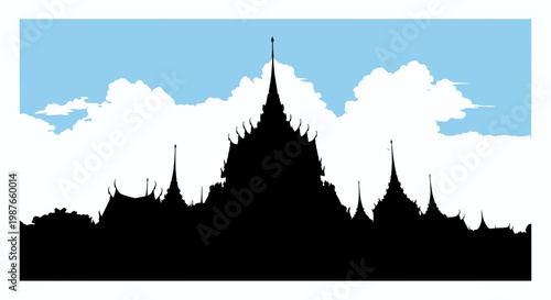 Thai Temple Silhouette Against Blue Sky Vector Illustration