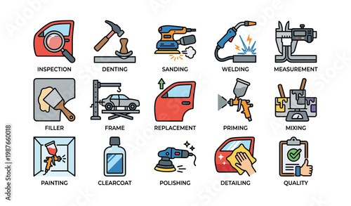 Car repair and maintenance icons: inspection, welding, painting, detailing, measurement