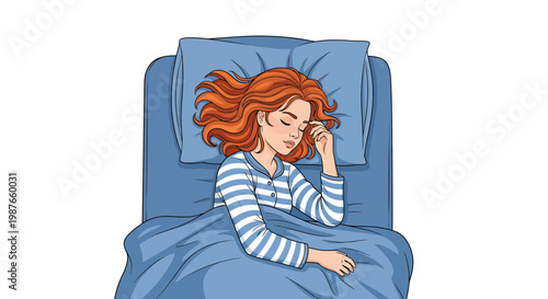 Woman with Red Hair Sleeping Peacefully in Blue Bed Illustration