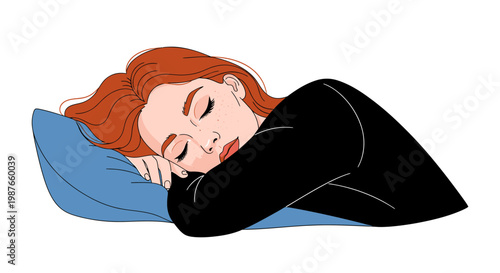 Peaceful Redhead Woman Sleeping on a Blue Pillow Illustration
