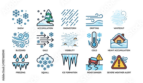 Winter weather conditions icons including snowstorm and severe weather alert