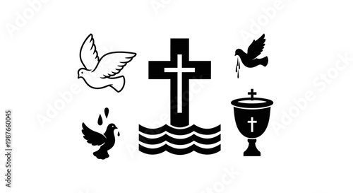 Christian Religious Icons Set with Cross Dove and Chalice