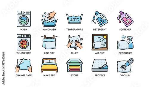 Laundry icons: washing, drying, handling tips illustrated in colorful style