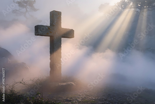 Stone Cross in Foggy Forest with Sunbeams Illuminating the Scene
