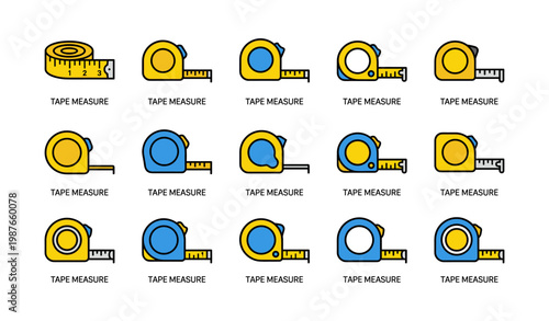 Collection of colorful tape measures in various positions on white background
