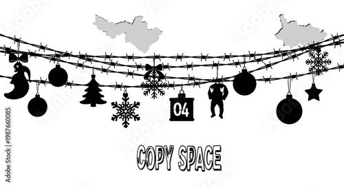 Christmas Ornaments Hanging on Barbed Wire Silhouette Illustration