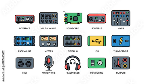 Audio interface and device icons: soundcard, mixer, usb, microphone, headphones