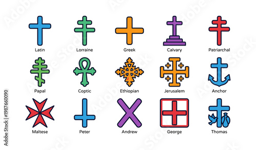 Twelve colorful christian cross symbols including latin, greek, and maltese variants