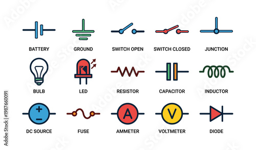 Electrical circuit symbols: battery, resistor, capacitor, led, inductor, and more