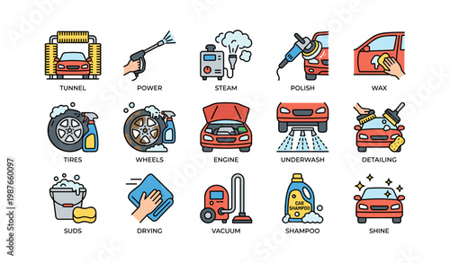 Comprehensive car wash services icons: tunnel, polish, tire care, vacuum and more