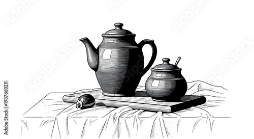 Vintage Still Life Illustration with Teapot and Sugar Bowl