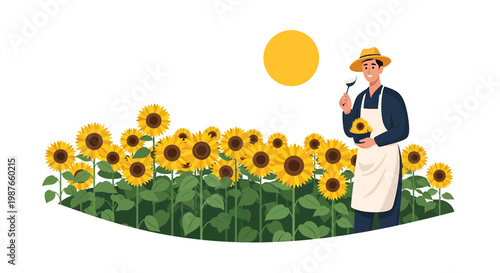 Male farmer standing in a blooming sunflower field illustration