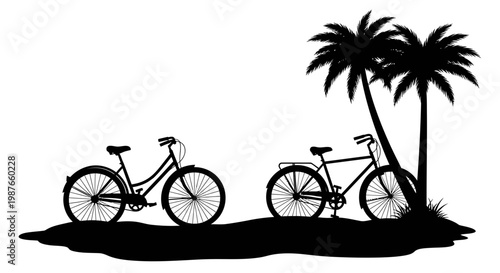 Tropical Summer Beach Bicycles and Palm Trees Silhouette Vector