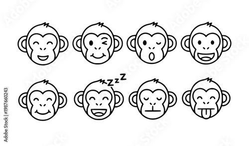 Six cute monkey icons different expressions black white vector