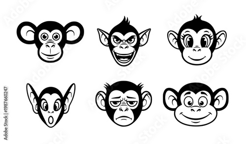 Six unique monkey faces cute icon set black white vector