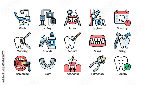 Dental care icons: exam, x-ray, hygiene, gums, extraction procedures illustrated