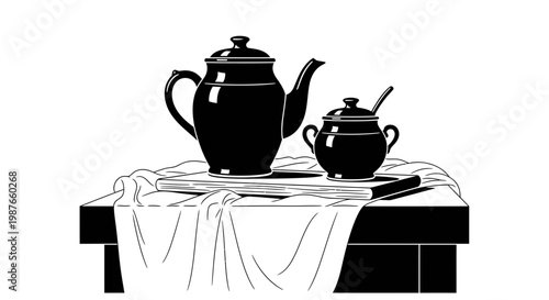 Minimalist vector illustration of teapot and sugar bowl on table